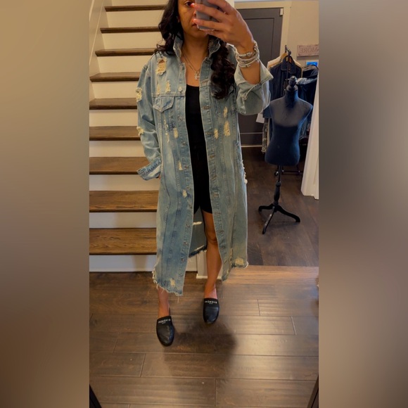Women's Distressed Long Denim Coat - Picture 1 of 6